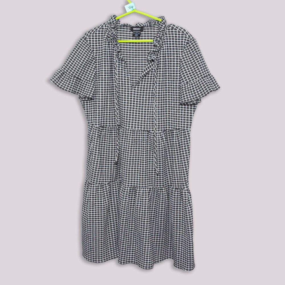 DKNY Black Gingham Checkered Pattern V Neck, Tiered Ruffle Dress